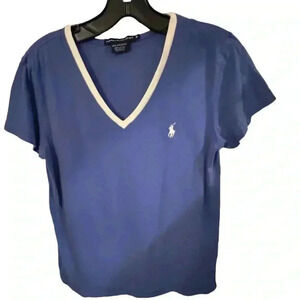 Ralph Lauren Sport women’s short sleeve top. Blue with white trim V-Neck size M